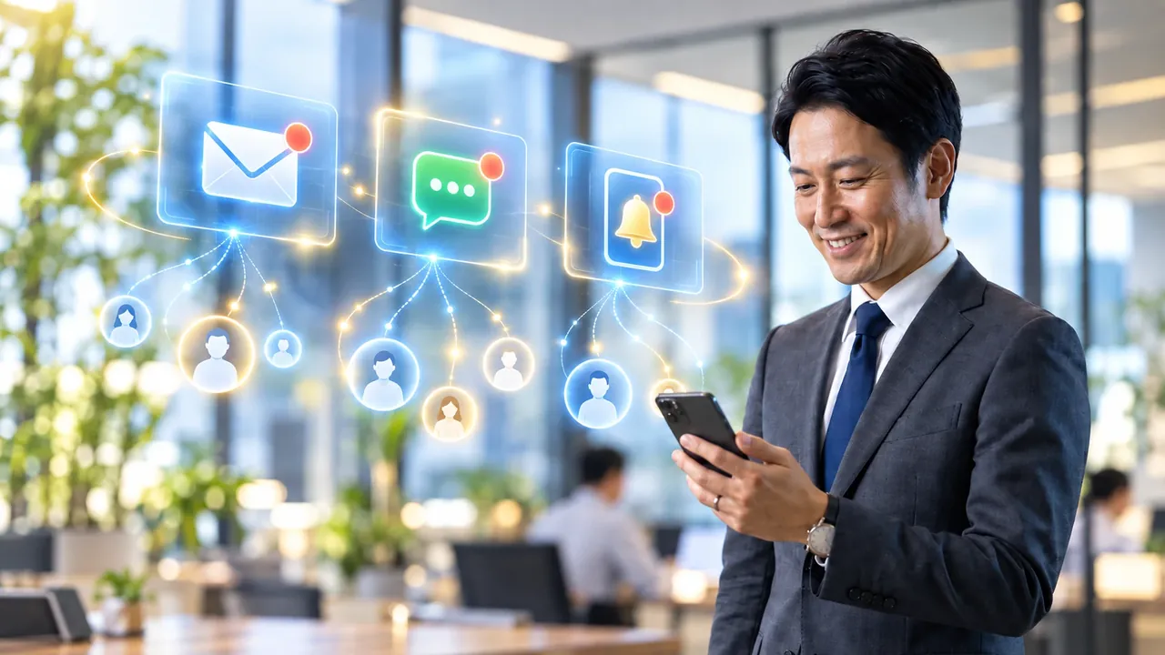 BtoBユースケース：得意先の担当者のスマートフォンに、メール・LINE・アプリPUSHの連絡が自動で届くイメージ